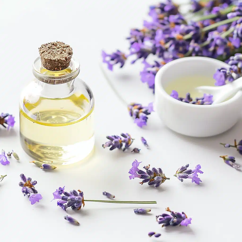 Die OsiMagnesium – Good Night Melatonin Körperlotion (100ml) in einer Glasflasche ist mit Lavendelblüten, neben einer weißen Schüssel mit Flüssigkeit und einem weißen Löffel auf hellem Hintergrund abgebildet.