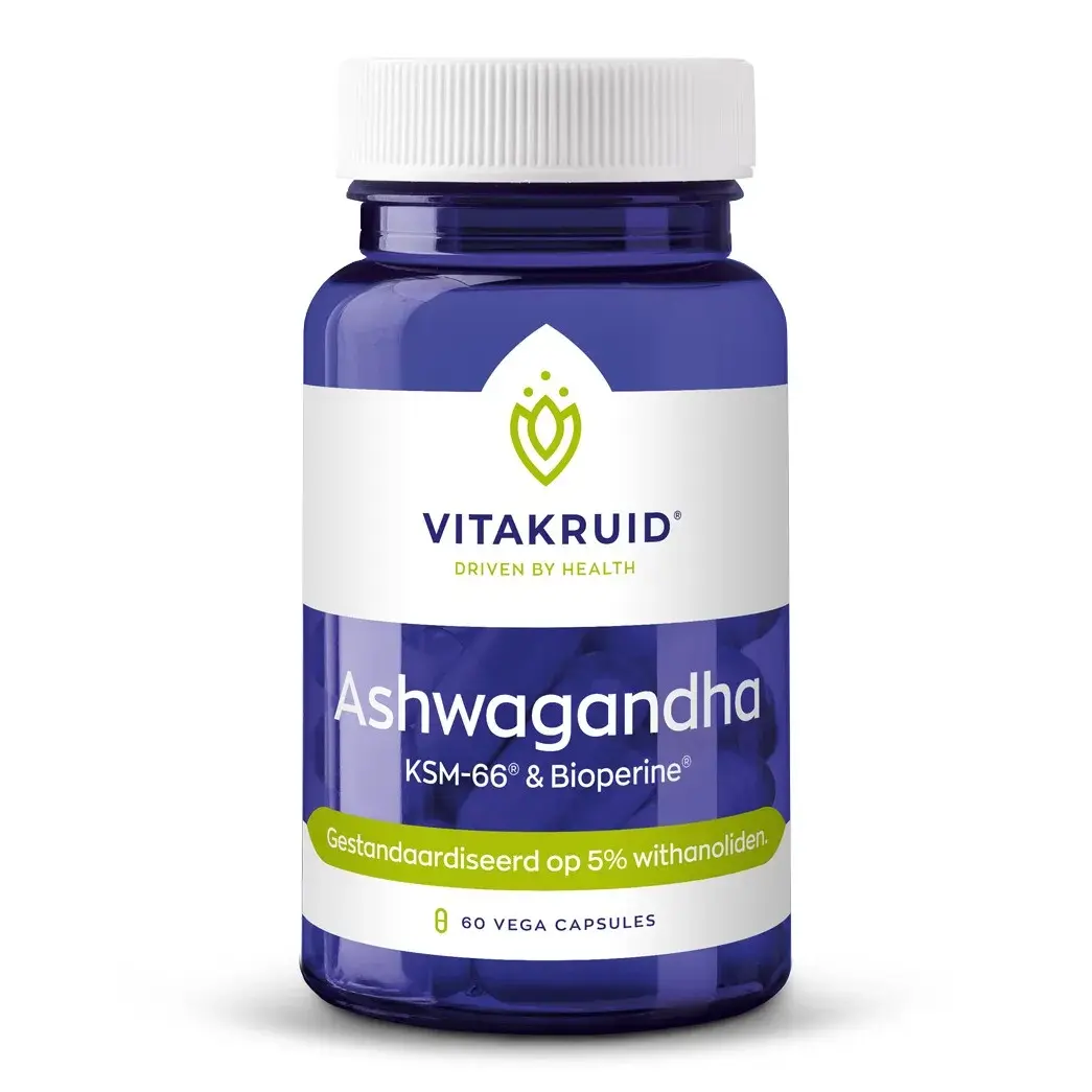 Eine blaue Flasche „Vitakruid Ashwagandha KSM-66 & Bioperine“ mit 60 Vegakapseln und einer Beschriftung in Niederländisch auf dem Etikett.