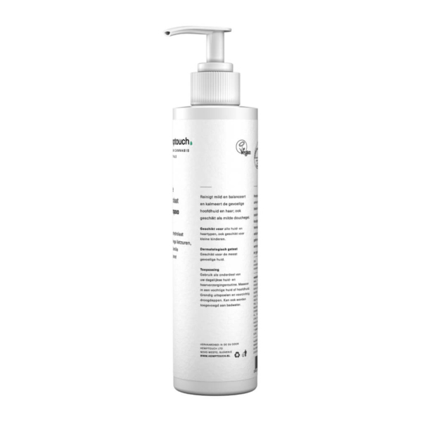 Eine Flasche Hanf Shampoo & Duschgel von Hemptouch (250 ml) auf weißem Hintergrund.