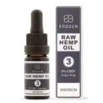 Eine Flasche und Schachtel Endoca - RAW 3% CBD Öl, beschriftet mit 1mg/Tropfen, mittlere Stärke.