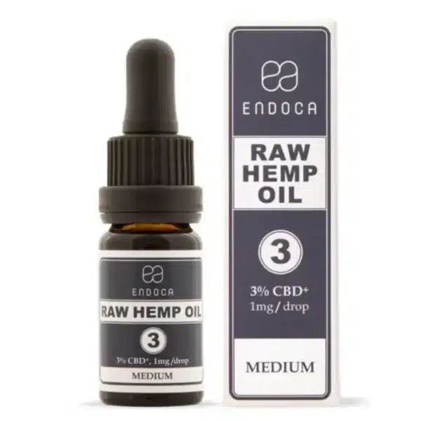 Eine Flasche und Schachtel Endoca - RAW 3% CBD Öl, beschriftet mit 1mg/Tropfen, mittlere Stärke.