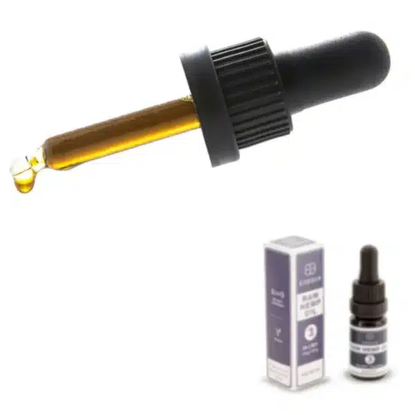 Ein Tropfer mit brauner Flüssigkeit und einem Tröpfchen ist über einer kleinen Flasche Endoca - RAW 3% CBD Öl und der dazugehörigen Verpackung zu sehen.