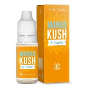 eine Flasche Mango Kush E-Liquid neben einer Schachtel.