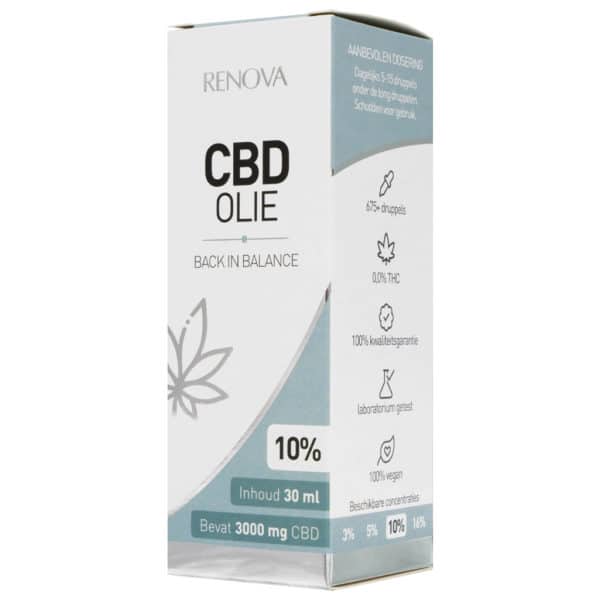 Eine Schachtel Renova CBD-Öl 10% (30 ml) auf einem Tisch.