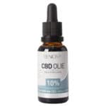 Eine Flasche Renova CBD-Öl 10 % (30 ml) auf weißem Hintergrund.