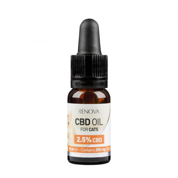 Eine Flasche Renova CBD-Öl 2,5 % für Katzen (10 ml) auf weißem Hintergrund.