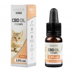 eine Flasche Renova CBD-Öl 2,5% für Katzen (10ml) neben einer Schachtel Renova CBD-Öl 2,5% für Katzen (10ml).