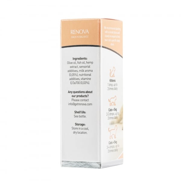 Eine Flasche Renova - CBD-Öl 2,5 % für Katzen (10 ml) auf weißem Hintergrund.