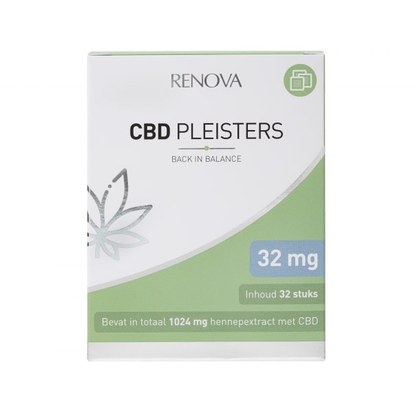 eine Schachtel Renova CBD-Pflaster (32 mg - 32 Stücke) mit weißem Hintergrund.