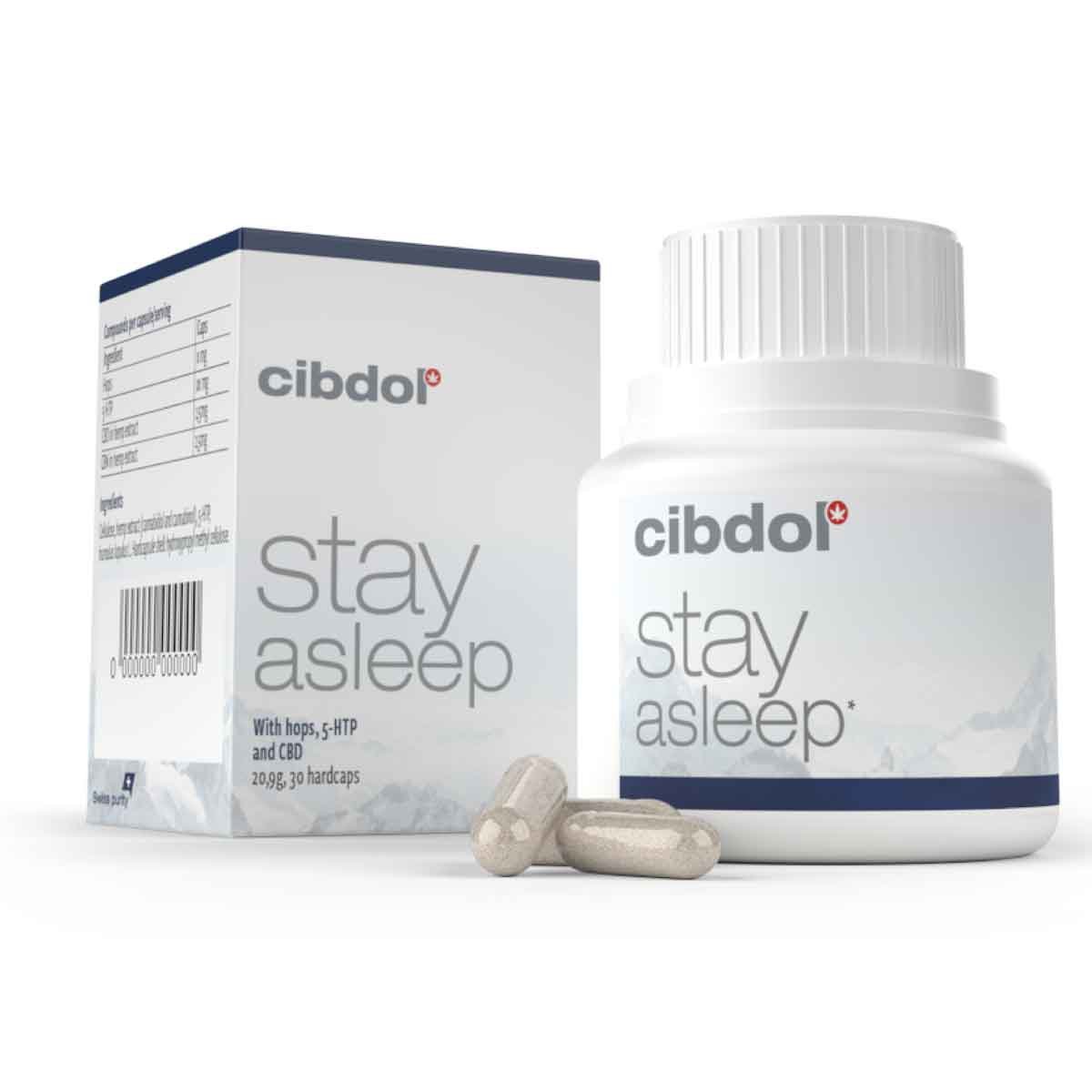 Eine Schachtel Cibdol's Stay Asleep Kapseln mit CBD und CBN (30 Stück) neben einer Flasche.