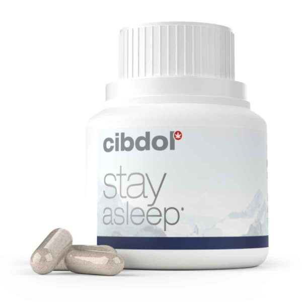 Eine Flasche Cibdol - Stay Asleep Kapseln mit CBD und CBN (30 Stück) daneben.