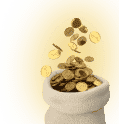 eine weiße Schale gefüllt mit Goldmünzen auf einem gelben Hintergrund.
