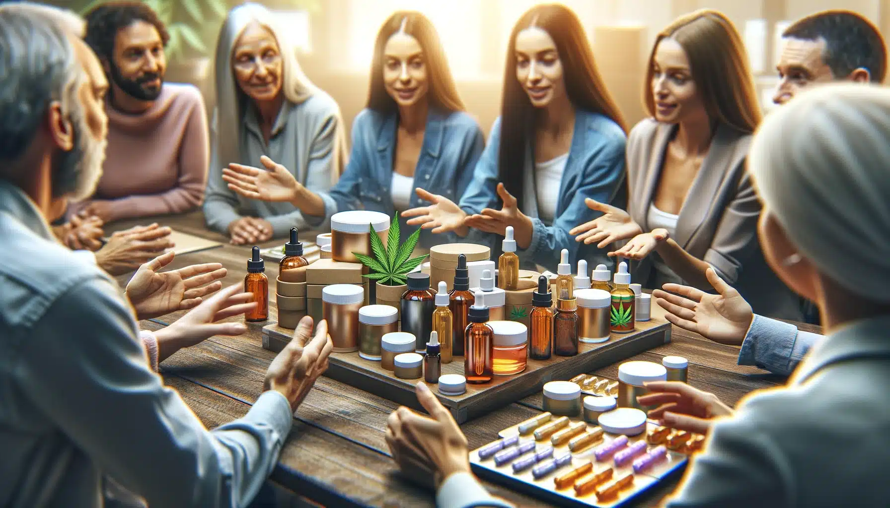 Eine Gruppe von Menschen sitzt mit Flaschen voller Medikamente um einen Tisch.
