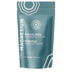 Eine blaugrüne 1000-g-Tüte (35,3 oz) mit OSIMAGNESIUM-Badeflocken für Magnesiumbäder, mit englischem und ungarischem Text.
