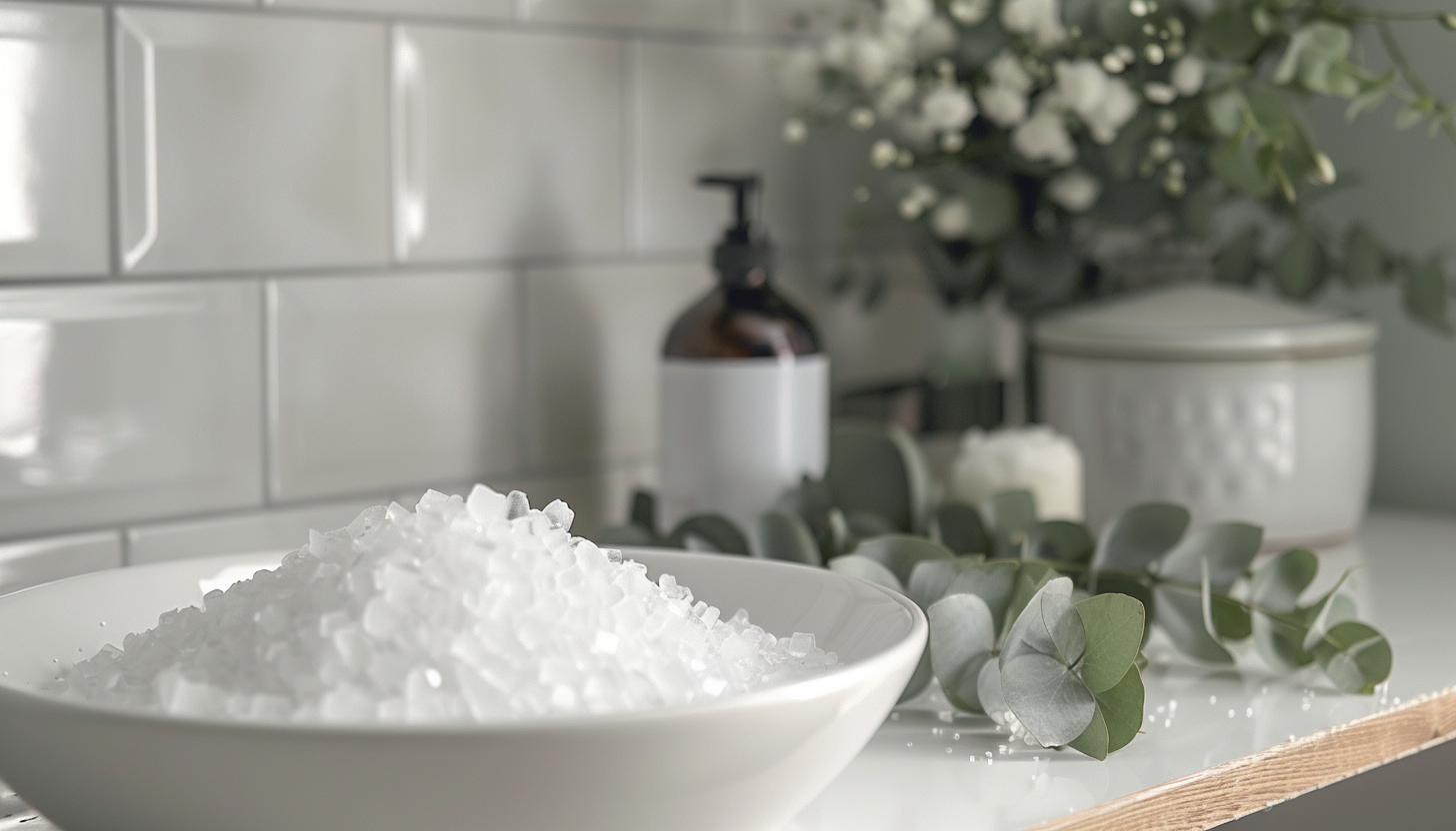 Eine weiße Schale gefüllt mit OsiMagnesium - Magnesium-Badeflocken zur Muskelentspannung - Eukalyptus (1kg) steht auf einer Arbeitsfläche. Dahinter steht eine Flasche mit Pumpe und grünen Eukalyptusblättern, im Hintergrund sind weiße Blüten zu sehen.
