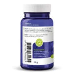 Eine blaue Kunststoffflasche mit weißem Verschluss enthält 60 vegane Kapseln Vitakruid – Ashwagandha KSM-66® & Bioperine®. Das Etikett zeigt Dosierungshinweise und ein grünes Recycling-Symbol.