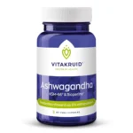 Eine blaue Flasche Vitakruid – Ashwagandha KSM-66® & Bioperine® (60 vegane Kapseln), standardisiert auf 5 % Withanolide.