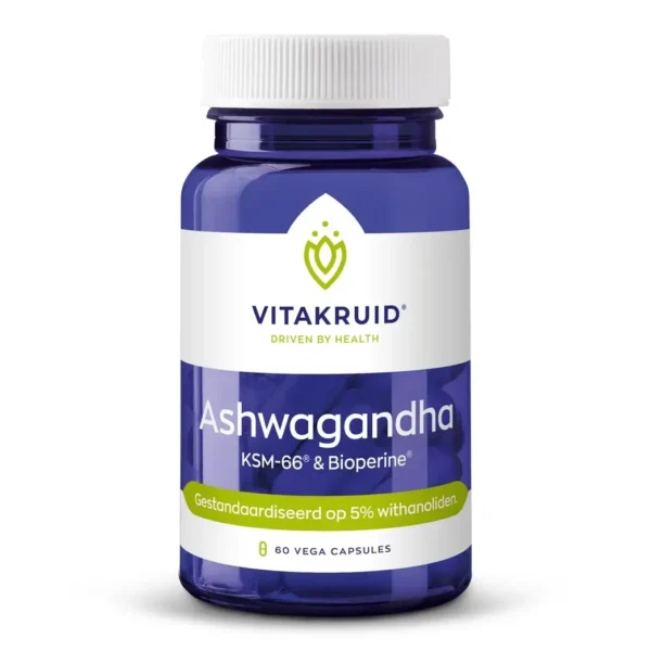 Eine blaue Flasche Vitakruid – Ashwagandha KSM-66® & Bioperine® (60 vegane Kapseln), standardisiert auf 5 % Withanolide.