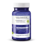 Auf einer blauen Plastikflasche mit weißem Deckel ist ein Etikett für Vitakruid – Ashwagandha KSM-66® & Bioperine® (60 vegane Kapseln) angebracht, auf dem Ashwagandha als Hauptbestandteil aufgeführt ist und weitere Produktdetails auf Niederländisch zu finden sind.