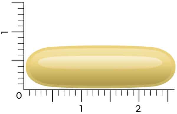 Neben einem Lineal ist eine gelbe, längliche Vitakruid – Fischöl Forte Softgelkapsel (1000 mg, 90 Stück) mit einer Länge von etwa 2 Zentimetern abgebildet.