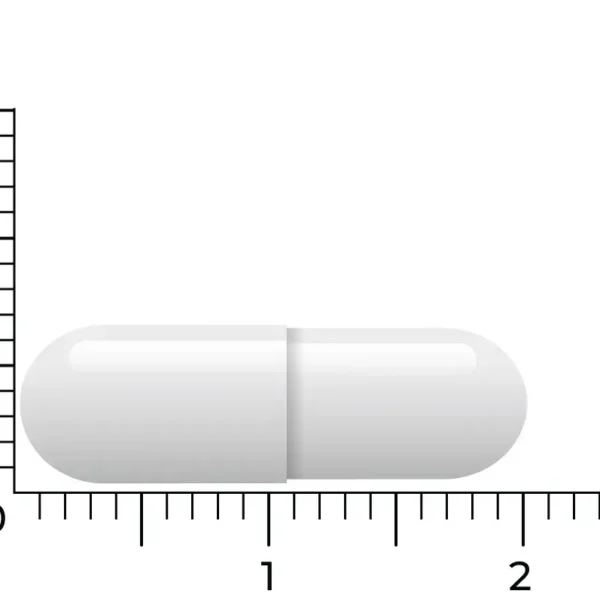 Neben einem Lineal ist eine weiße Vitakruid - Zink-Methionin & Kupfer Kapsel (90 vegane Kapseln) mit einer Länge von etwa 2 Zentimetern abgebildet.