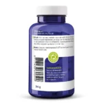 Eine blaue Plastikflasche Vitakruid – GABA Plus (90 Schmelztabletten) mit einem weißen Etikett mit niederländischen Anweisungen und Produktinformationen, einem blauen Verschluss und einem Gewicht von 94 Gramm.