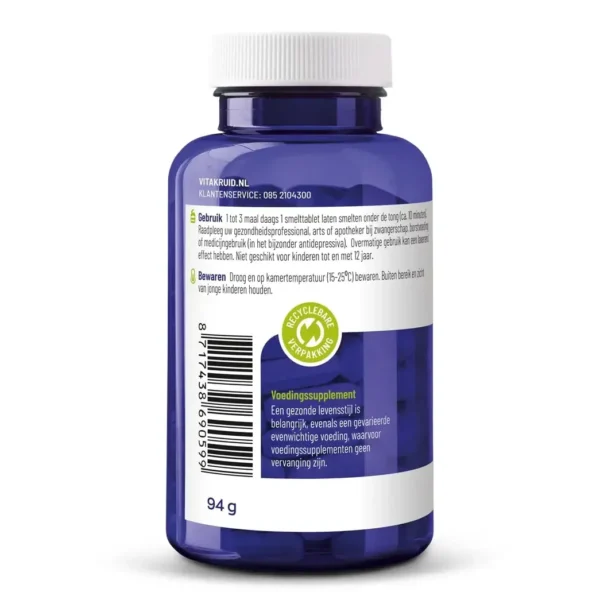 Eine blaue Plastikflasche Vitakruid – GABA Plus (90 Schmelztabletten) mit einem weißen Etikett mit niederländischen Anweisungen und Produktinformationen, einem blauen Verschluss und einem Gewicht von 94 Gramm.