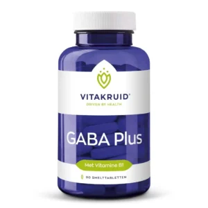 Eine blaue Flasche mit der Aufschrift „Vitakruid – GABA Plus (90 Schmelztabletten)“ mit Vitamin B1, präsentiert vor einem weißen Hintergrund.