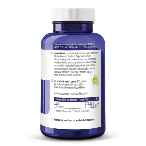 Eine blaue Flasche Vitakruid – GABA Plus (90 Schmelztabletten) mit einem niederländischen Etikett, auf dem die Inhaltsstoffe, Nährwertangaben und Produktdetails aufgeführt sind.