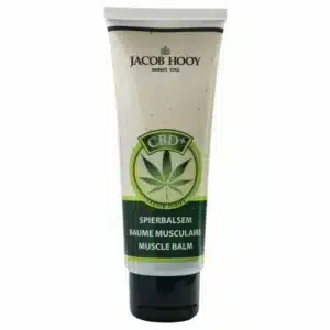 Tube Jacob Hooy – CBD Muskelbalsam (75 ml) mit einem Cannabisblatt-Design auf dem Etikett.