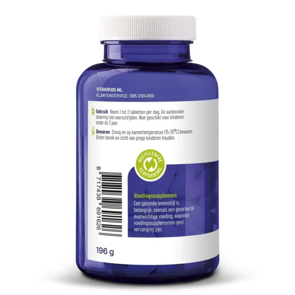 Vitakruid – Magnesium 200 Complex® (90 Tabletten) wird in einer blauen Plastikflasche mit weißem Deckel, niederländischen Gebrauchs- und Aufbewahrungsanweisungen sowie einem grünen „recyclebaar verpakking“-Etikett auf der Rückseite geliefert.
