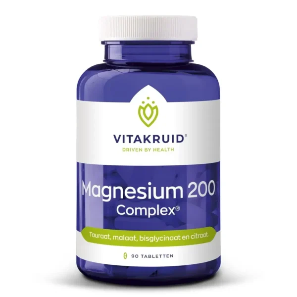 Eine blaue Flasche Vitakruid - Magnesium 200 Complex® (90 Tabletten) mit Tauraat, Malaat, Bisglycinaat und Citraat.