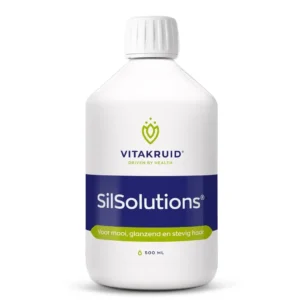 Flasche Vitakruid – SilSolutions® (500 ml) mit weißem Verschluss, blaugrünem Etikett und niederländischem Text: „Voor mooi, glanzend en stevig haar.“.