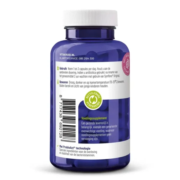 Eine blaue Flasche Vitakruid – Symflora® Original (90 vegane Kapseln) Nahrungsergänzungsmittel mit niederländischer Anleitung, einem Strichcode und einem grünen Etikett für recycelbare Verpackung auf der Rückseite.
