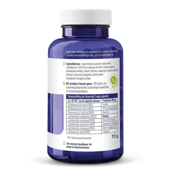 Auf einer blauen Plastikflasche mit weißem Deckel und niederländischer Beschriftung sind die Inhaltsstoffe, Nährwerte, Aufbewahrungshinweise und das Gewicht von Vitakruid – Symflora® Original (90 vegane Kapseln) angegeben.