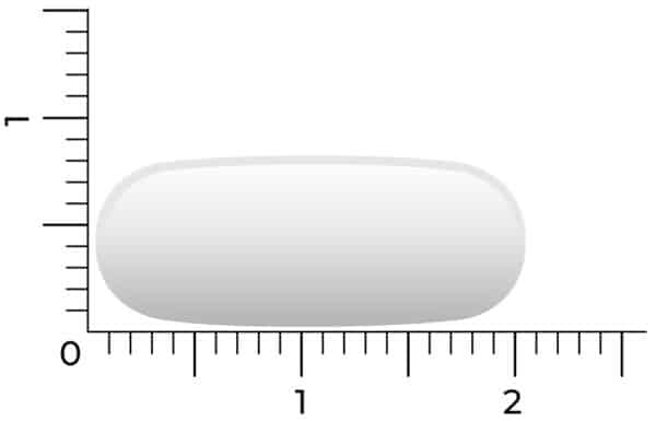 Eine weiße, längliche Vitakruid-GABA-Plus-Pille (90 Schmelztabletten) wird neben ein Lineal gelegt, sodass ersichtlich ist, dass sie ungefähr 2 Zentimeter lang ist.