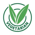Grünes vegetarisches Symbol mit zwei Blättern in einem Kreis und „VEGETARIAN“ in fetten grünen Buchstaben, steht für Vitakruid – Ashwagandha KSM-66® & Bioperine® (60 vegane Kapseln).