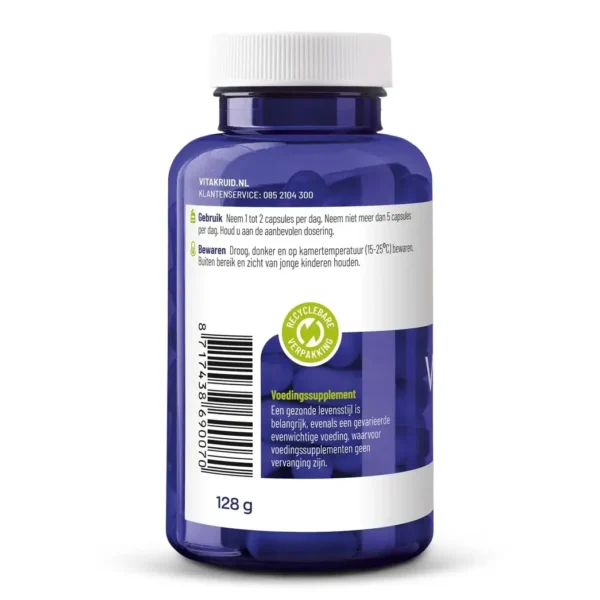 Blaue Plastikflasche Vitakruid – Fischöl Forte (90 Stück – 1000 mg Fischöl pro Softgel-Kapsel) mit weißem Etikett mit Gebrauchs- und Aufbewahrungshinweisen, Recyclingsymbol, Barcode und niederländischem Text. Flaschengewicht: 128g.