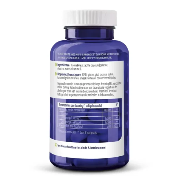 Eine blaue Flasche mit niederländischer Beschriftung und Zutaten- und Nährwertangaben für Vitakruid – Fischöl Forte (90 Stück, 1000 mg Fischöl pro Softgel-Kapsel), einschließlich Vitamin E- und EPA/DHA-Gehalt.