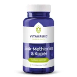 Eine blaue Flasche mit der Aufschrift „Vitakruid – Zink-Methionin & Kupfer“ mit 90 veganen Kapseln, weißem Deckel und grünen Akzenten.