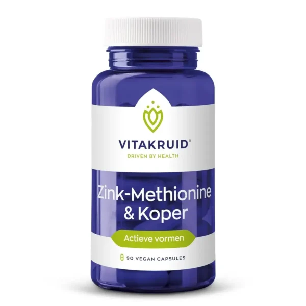 Eine blaue Flasche mit der Aufschrift „Vitakruid – Zink-Methionin & Kupfer“ mit 90 veganen Kapseln, weißem Deckel und grünen Akzenten.