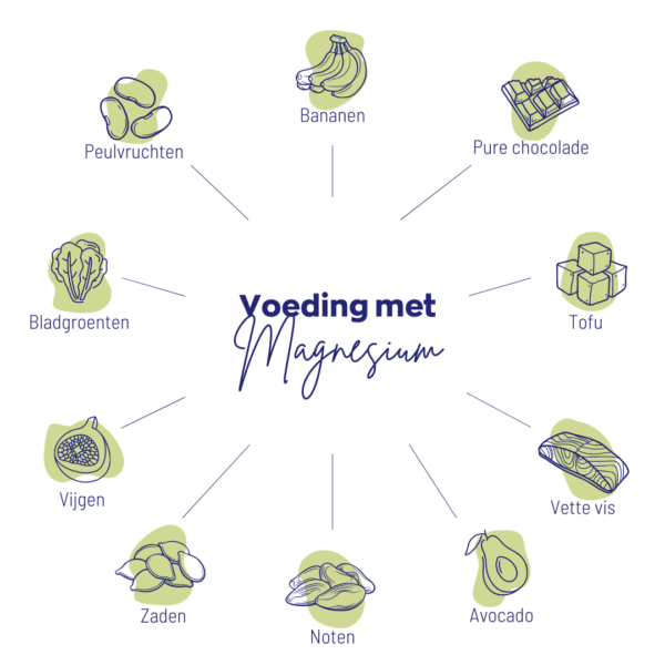 Ein kreisförmiges holländisches Diagramm hebt magnesiumreiche Lebensmittel wie Bananen, reine Schokolade, Tofu, fetten Fisch, Avocado, Nüsse, Samen, Feigen, Blattgemüse und Hülsenfrüchte hervor – eine perfekte Ergänzung zu Vitakruid – Magnesium 200 Complex® (90 Tabletten).